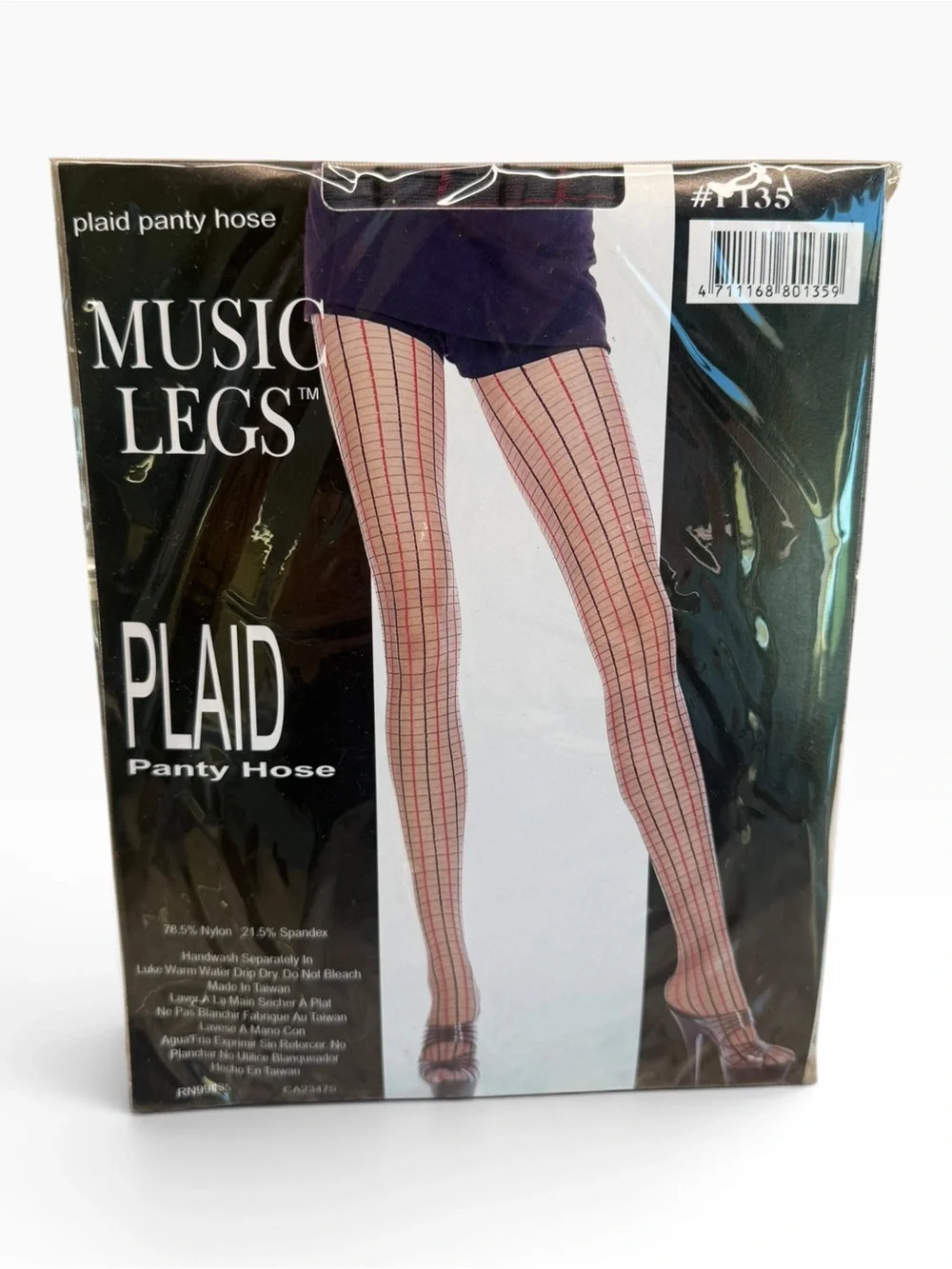 Music Legs Plaid Pantyhose P135 OS Fits 5’-5’10” 100-175lbs Grey/Black/Red